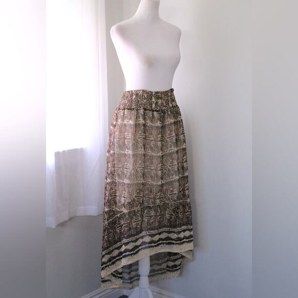 Brown & Cream Abstract Print Elastic Waist High Low Midi Skirt - Picture 2 of 7